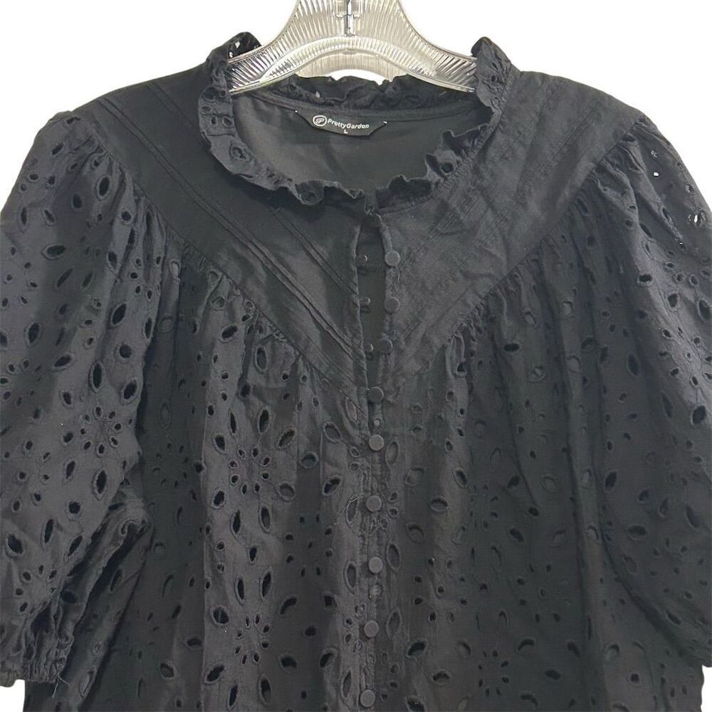 PrettyGarden Women's Black Embroidered‎ Blouse L Long Puff Sleeve - Picture 2 of 14